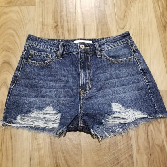 KanCan High Rise Mom Shorts Size 5 (26) Dark Wash 100% Cotton Distressed Raw Hem - Picture 1 of 11